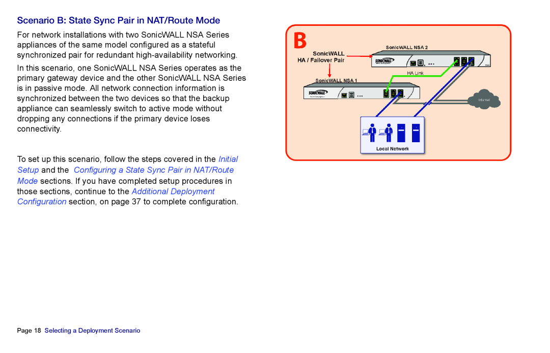 SonicWALL 3500, NSA 5000, 4500 manual Scenario B State Sync Pair in NAT/Route Mode, Page 18 Selecting a Deployment Scenario 