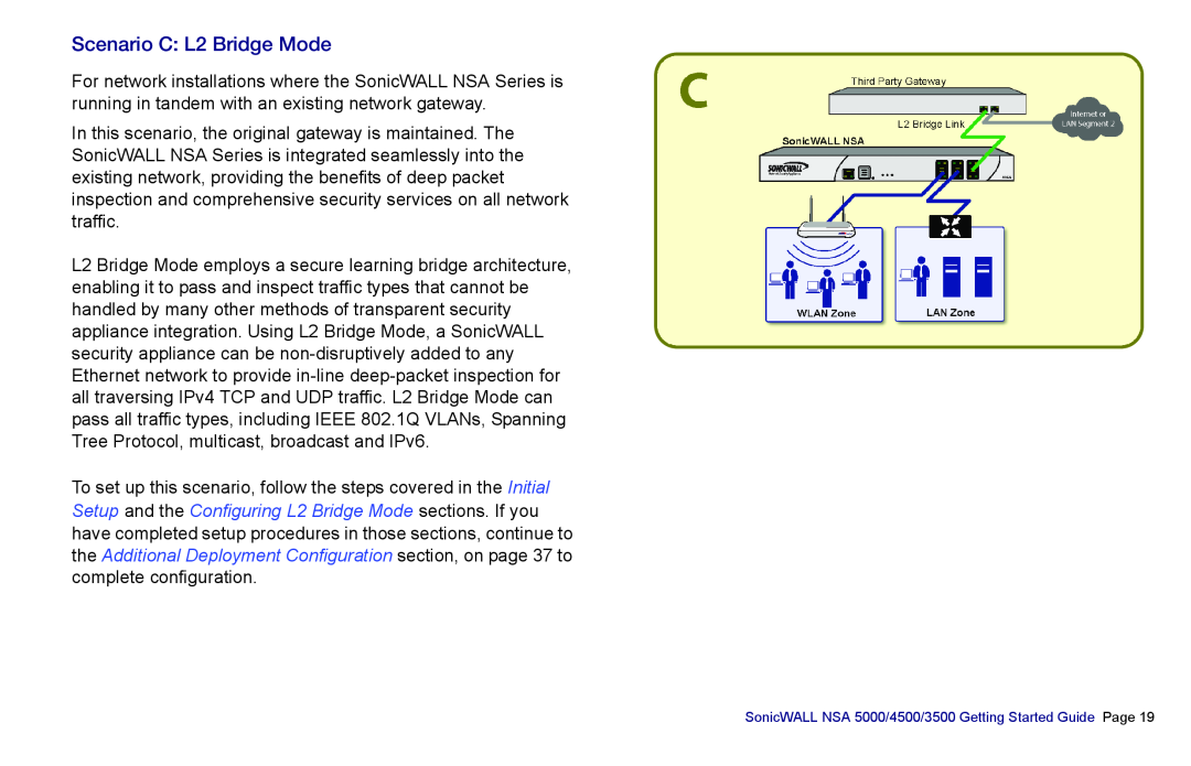 SonicWALL 4500, NSA 5000, 3500 manual Scenario C L2 Bridge Mode, CThird Party Gateway 