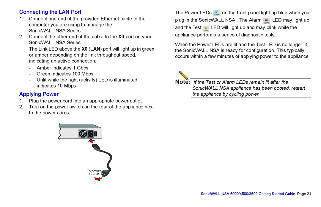 SonicWALL 3500, NSA 5000, 4500 manual Connecting the LAN Port, Applying Power 