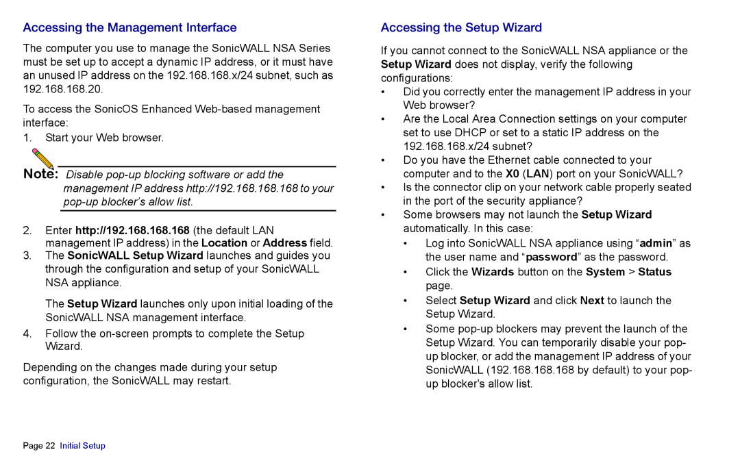 SonicWALL 4500, NSA 5000, 3500 manual Accessing the Management Interface, Accessing the Setup Wizard 