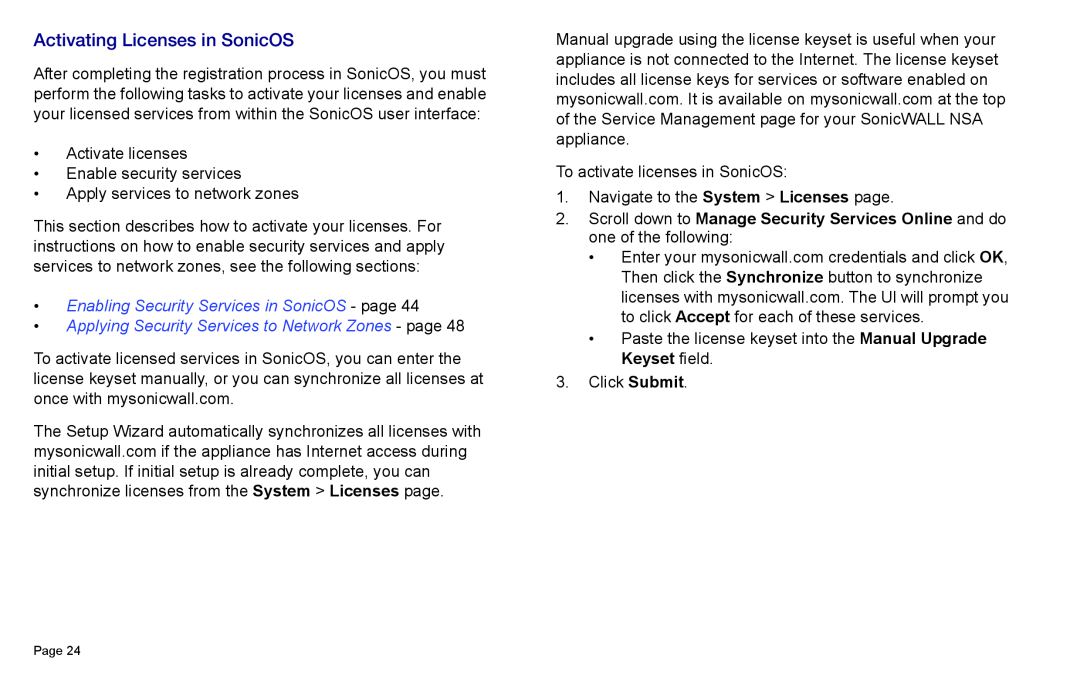 SonicWALL 3500, NSA 5000, 4500 manual Activating Licenses in SonicOS, Enabling Security Services in SonicOS - page 