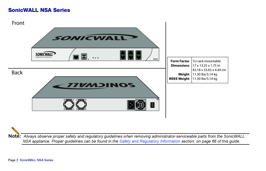 SonicWALL NSA 5000, 3500, 4500 manual SonicWALL NSA Series, Front, Back 