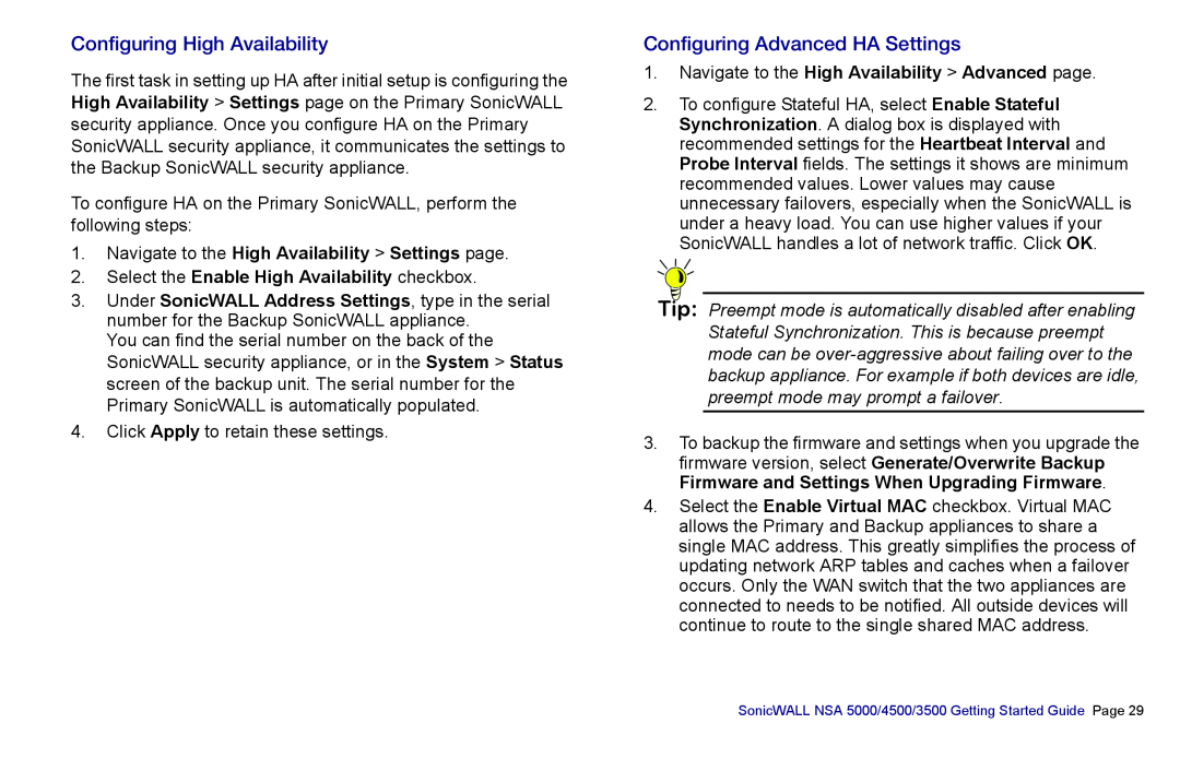 SonicWALL NSA 5000, 3500, 4500 manual Configuring High Availability, Configuring Advanced HA Settings 