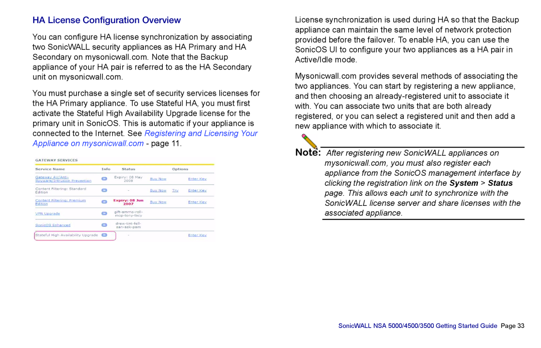 SonicWALL 3500, NSA 5000, 4500 manual HA License Configuration Overview 