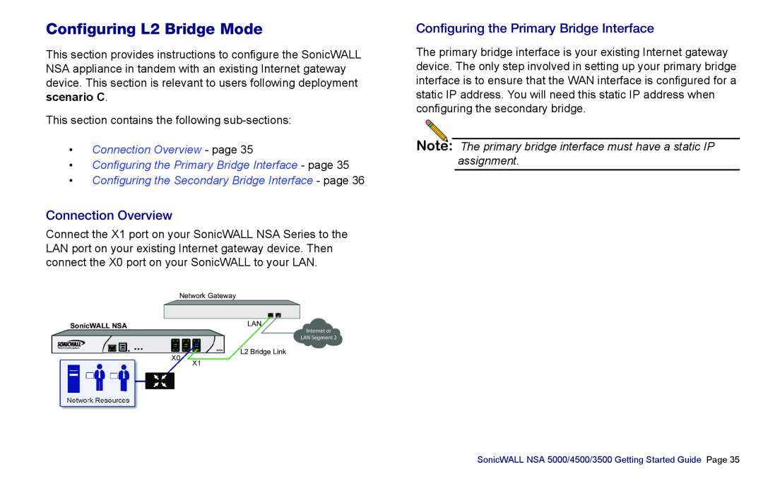 SonicWALL NSA 5000, 3500, 4500 Configuring L2 Bridge Mode, Connection Overview, Configuring the Primary Bridge Interface 