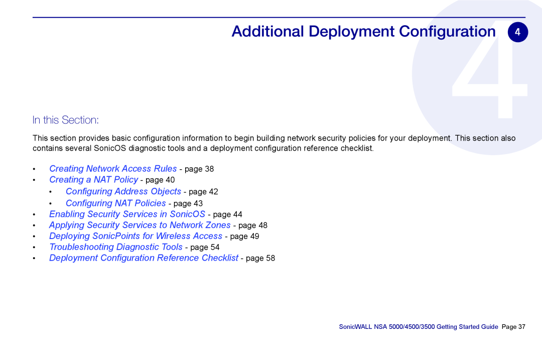 SonicWALL 4500, NSA 5000, 3500 manual Additional Deployment Configuration, In this Section 