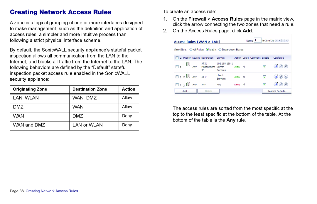 SonicWALL NSA 5000, 3500, 4500 manual Creating Network Access Rules 
