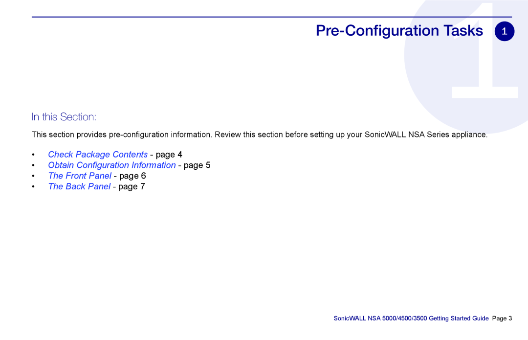 SonicWALL 3500, NSA 5000, 4500 manual Pre-ConfigurationTasks, In this Section 