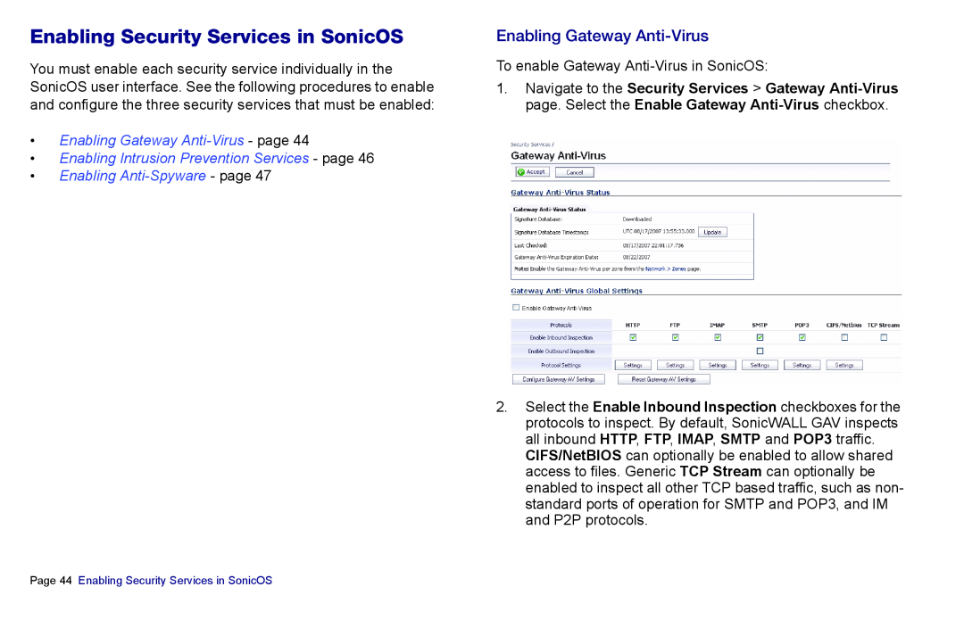 SonicWALL NSA 5000, 3500, 4500 manual Enabling Security Services in SonicOS, Enabling Gateway Anti-Virus - page 
