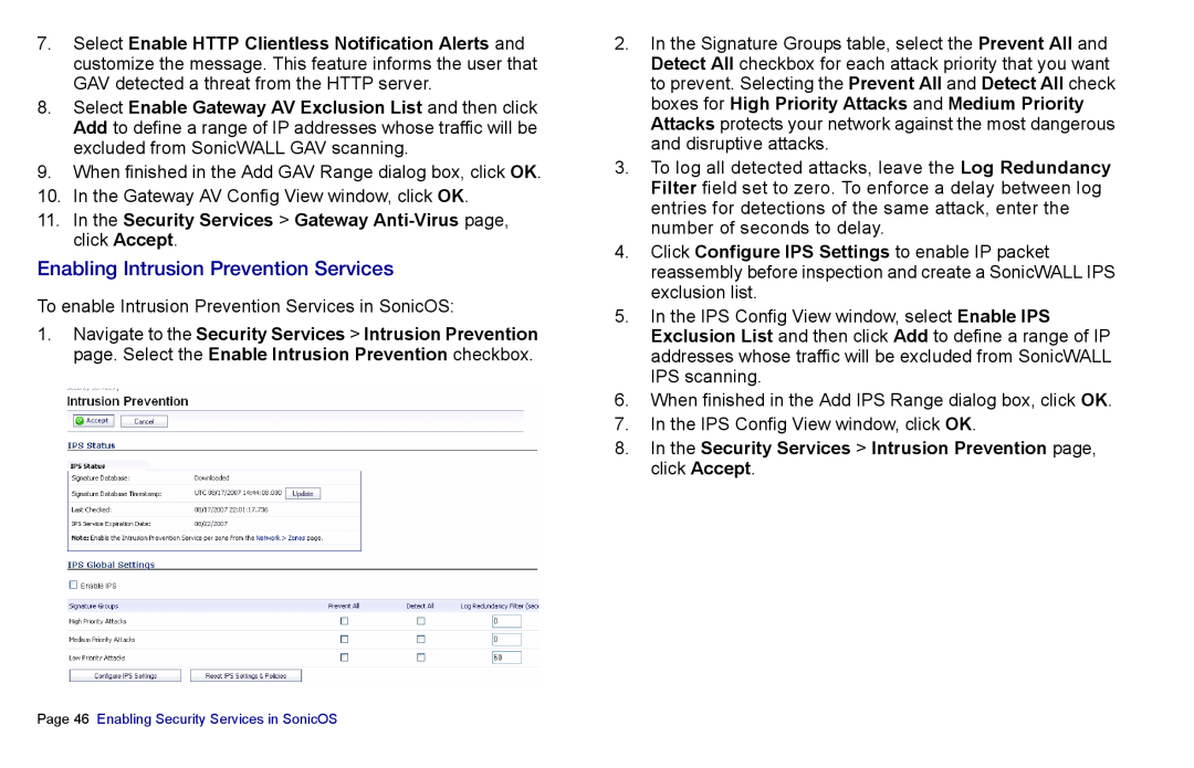 SonicWALL 4500, NSA 5000, 3500 manual Enabling Intrusion Prevention Services 