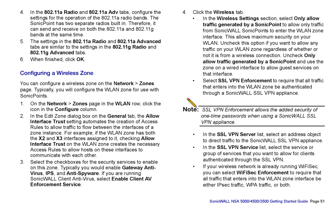 SonicWALL 3500, NSA 5000, 4500 manual Configuring a Wireless Zone 
