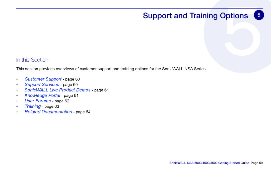 SonicWALL NSA 5000, 3500 Support and Training Options, In this Section, Customer Support - page Support Services - page 