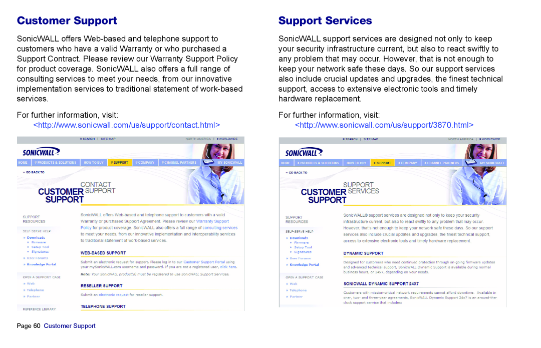SonicWALL 3500, NSA 5000, 4500 manual Support Services, Page 60 Customer Support 