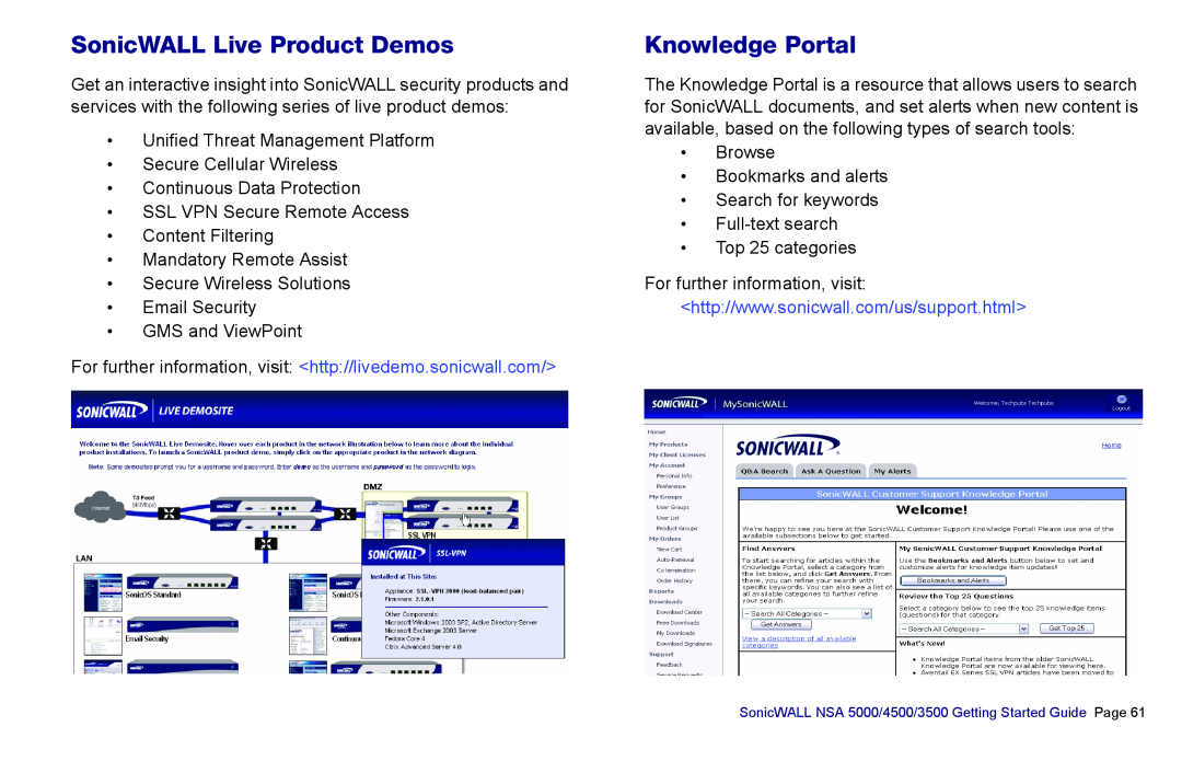 SonicWALL 4500, NSA 5000, 3500 manual SonicWALL Live Product Demos, Knowledge Portal 