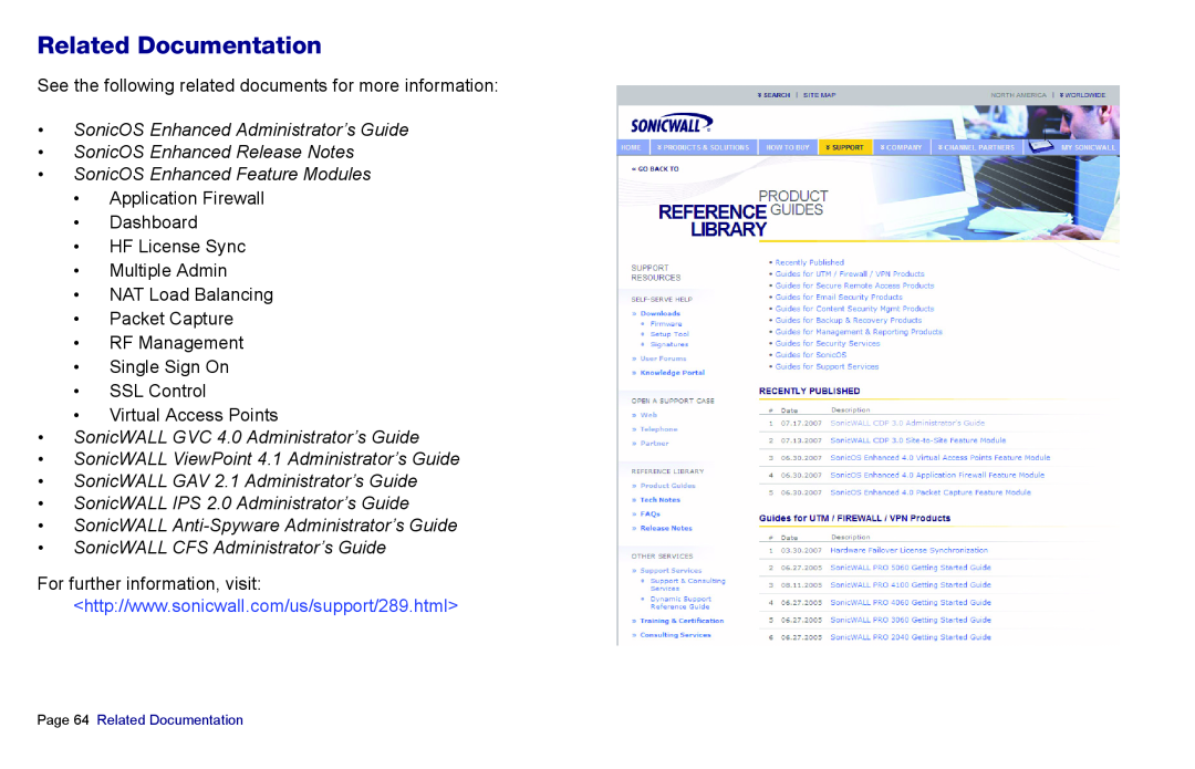 SonicWALL 4500, NSA 5000 Related Documentation, SonicOS Enhanced Administrator’s Guide, SonicOS Enhanced Release Notes 