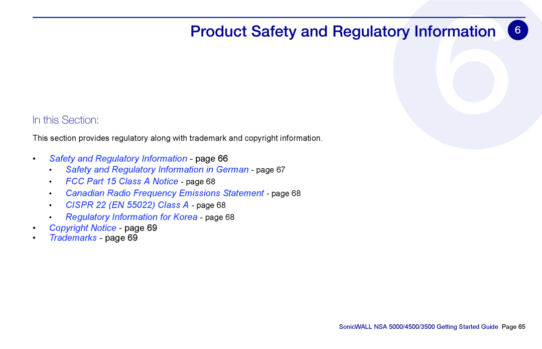 SonicWALL NSA 5000, 3500, 4500 manual Product Safety and Regulatory Information, In this Section 