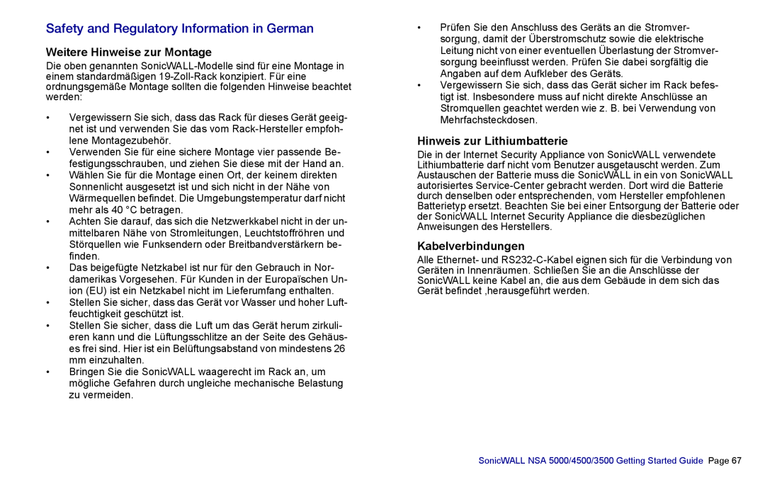 SonicWALL 4500 Safety and Regulatory Information in German, Weitere Hinweise zur Montage, Hinweis zur Lithiumbatterie 