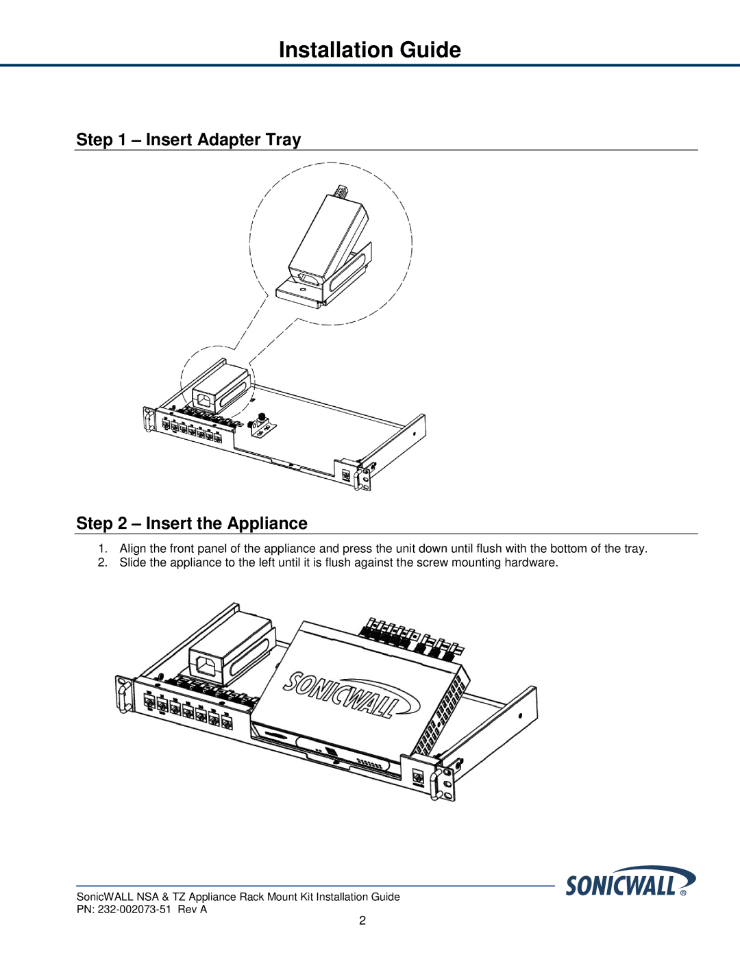 SonicWALL nsa220 manual Insert Adapter Tray Insert the Appliance 