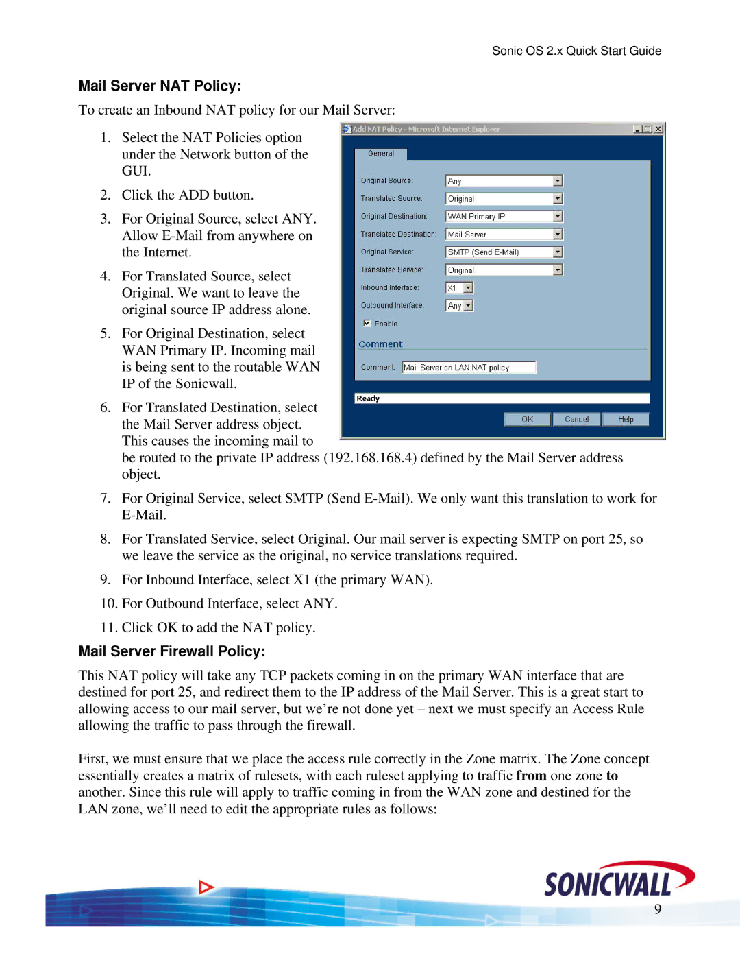 SonicWALL OS 2.x quick start Mail Server NAT Policy, Mail Server Firewall Policy 