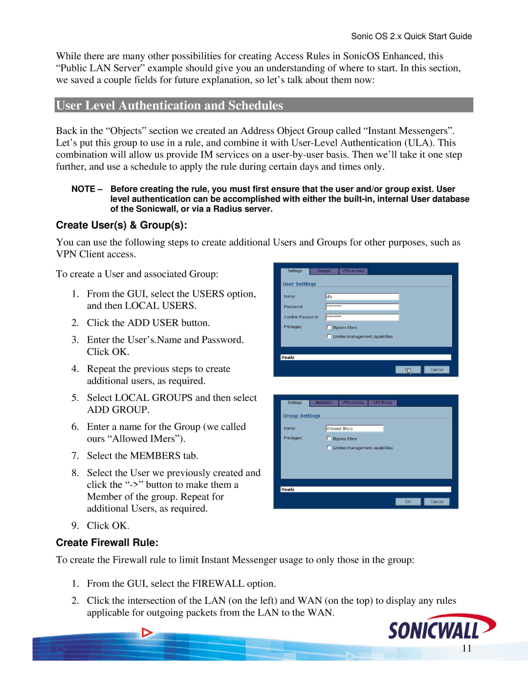 SonicWALL OS 2.x quick start User Level Authentication and Schedules, Create Users & Groups, Create Firewall Rule 