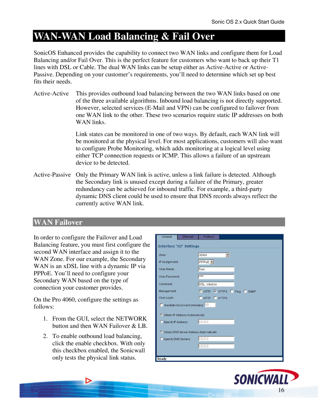 SonicWALL OS 2.x quick start WAN-WAN Load Balancing & Fail Over, WAN Failover 