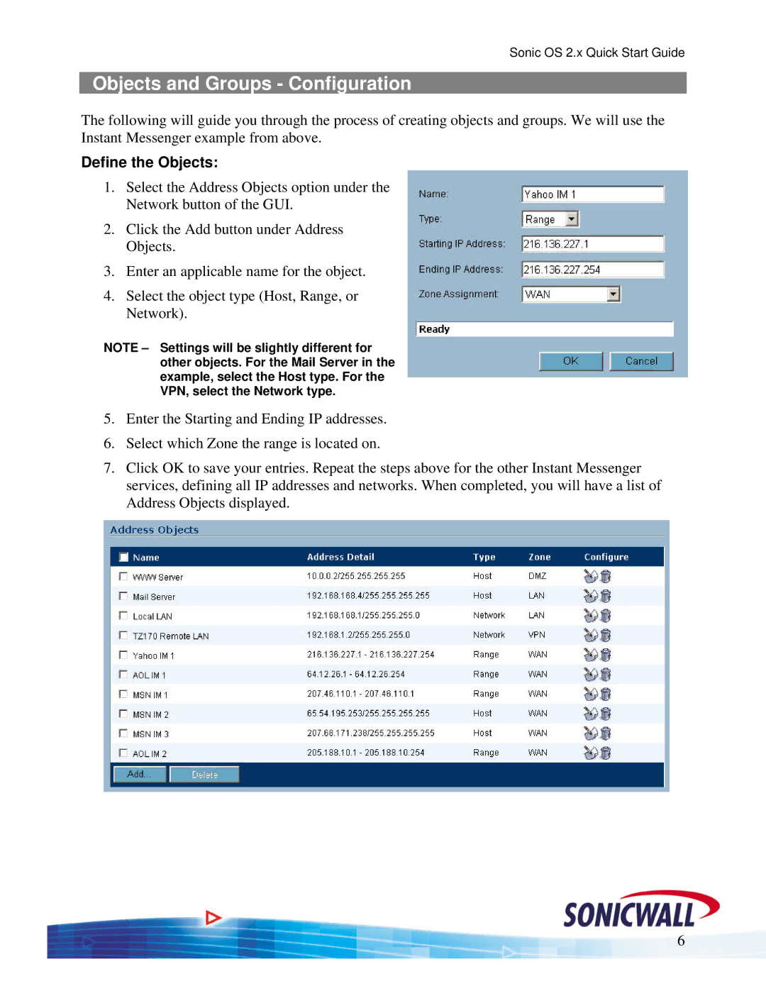 SonicWALL OS 2.x quick start Objects and Groups Configuration, Define the Objects 