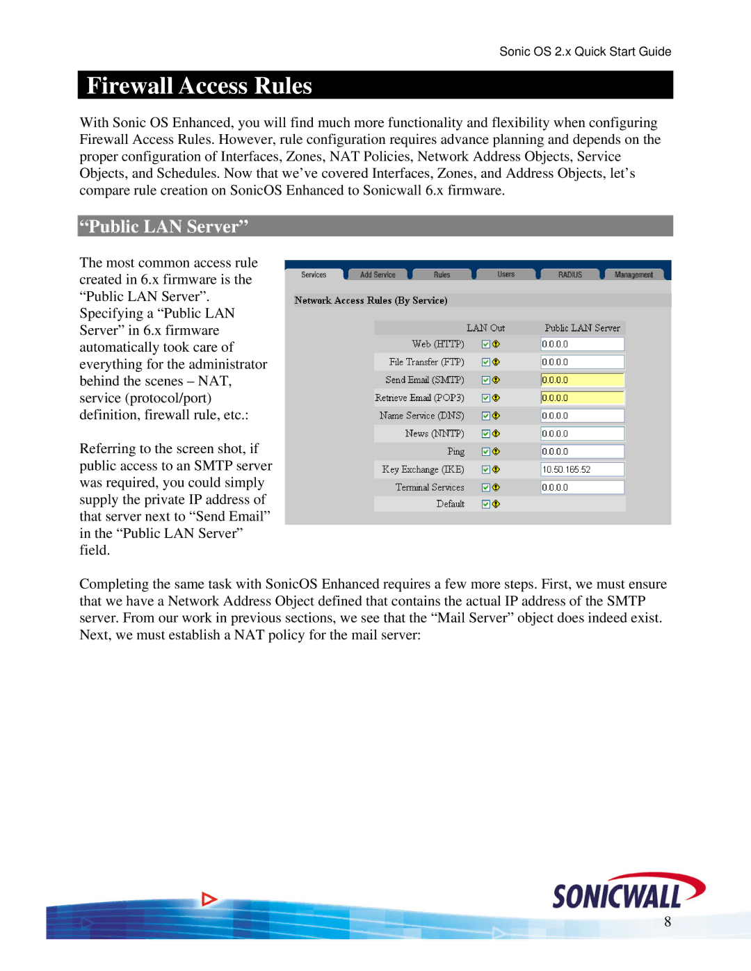 SonicWALL OS 2.x quick start Firewall Access Rules, Public LAN Server 