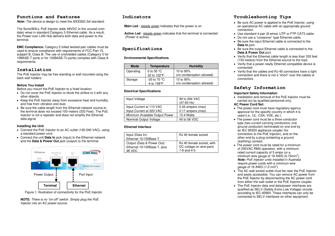 SonicWALL (PoE)Injector Functions and Features, Installation, Indicators, Specifications, Troubleshooting Tips 