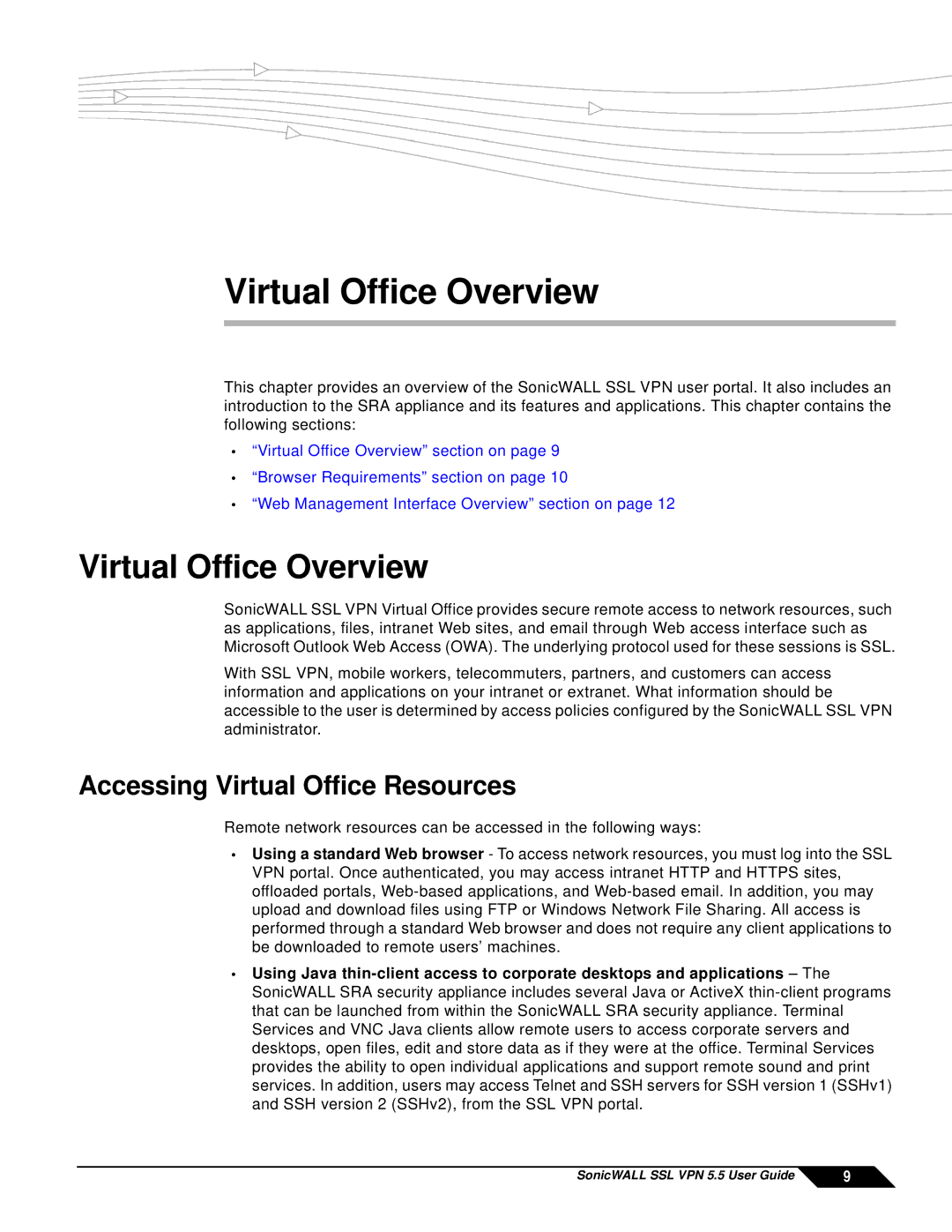 SonicWALL SonicWALL SSL VPN 5.5 manual Virtual Office Overview, Accessing Virtual Office Resources 