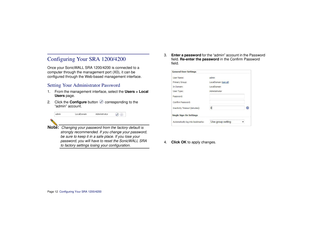 SonicWALL manual Configuring Your SRA 1200/4200, Setting Your Administrator Password 