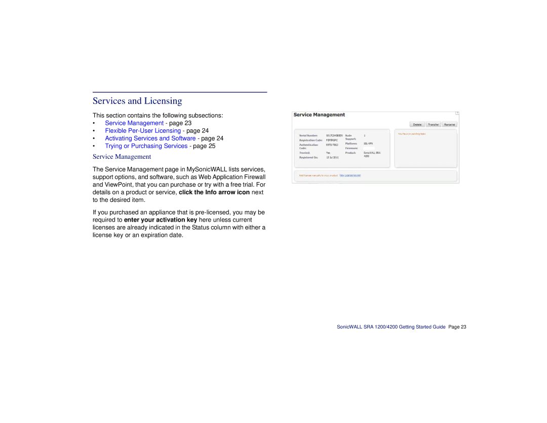 SonicWALL SRA 1200/4200 manual Services and Licensing, Service Management 