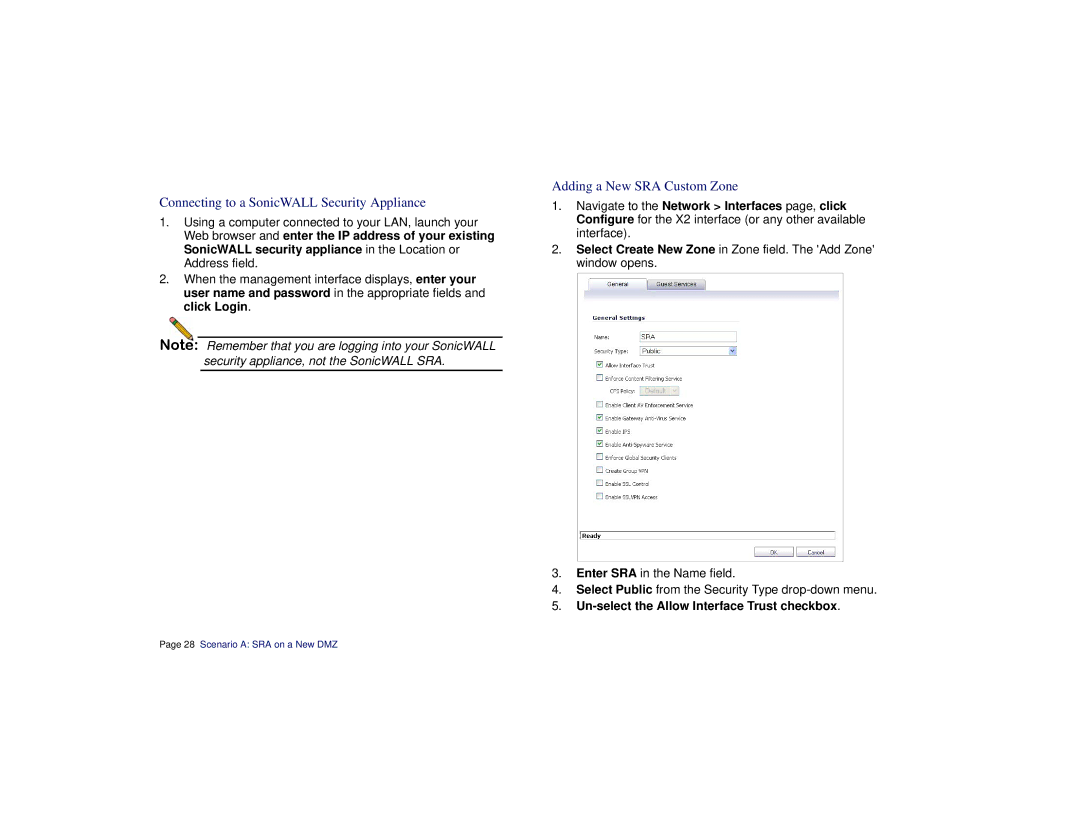 SonicWALL SRA 1200/4200 manual Connecting to a SonicWALL Security Appliance, Adding a New SRA Custom Zone 