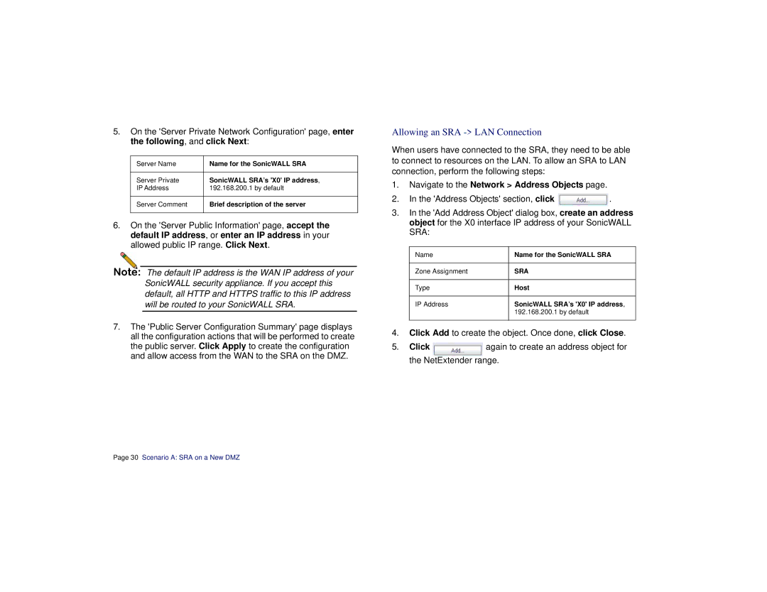 SonicWALL SRA 1200/4200 manual Allowing an SRA LAN Connection, Navigate to the Network Address Objects, Click 