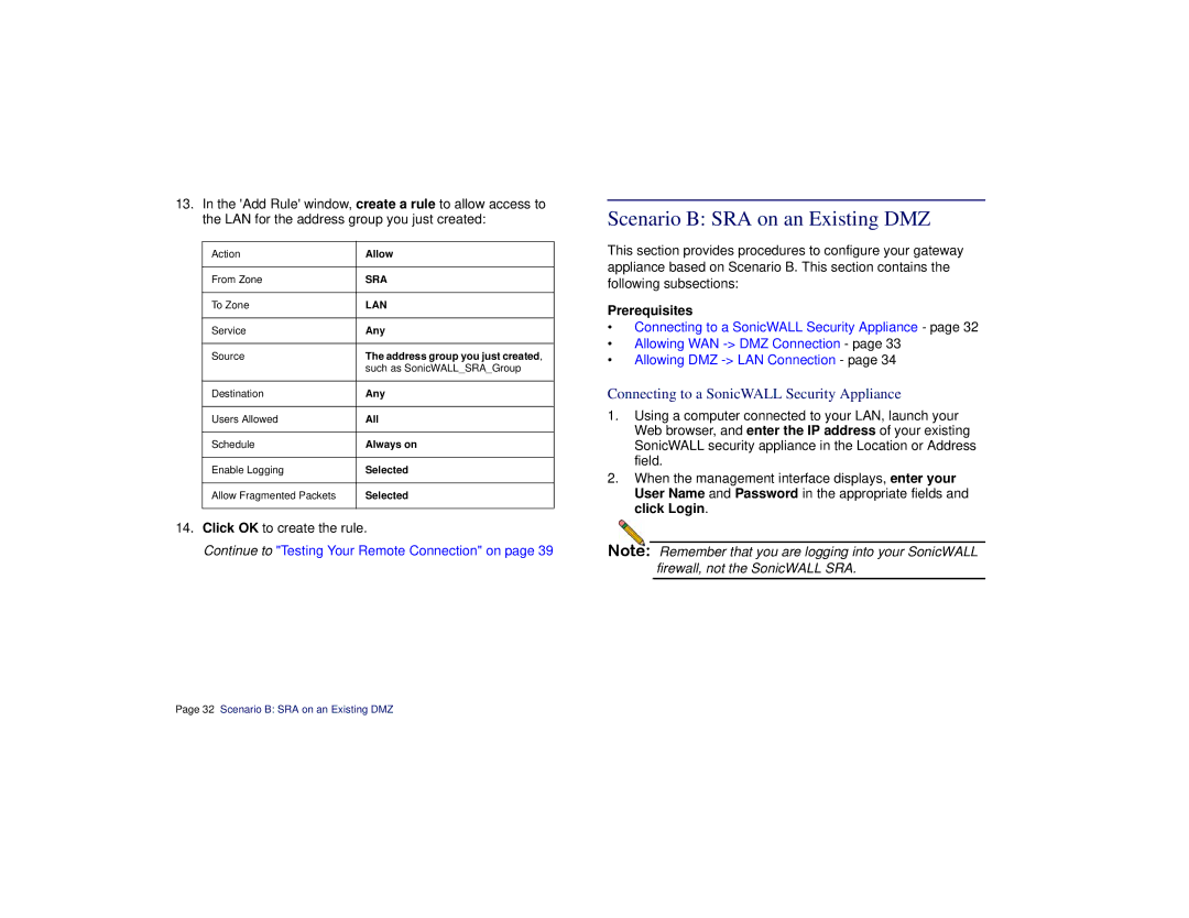 SonicWALL SRA 1200/4200 manual Scenario B SRA on an Existing DMZ, Prerequisites 