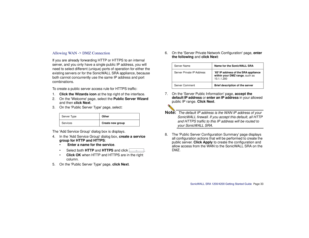 SonicWALL SRA 1200/4200 manual Allowing WAN DMZ Connection, Enter a name for the service 