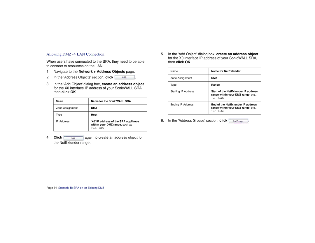 SonicWALL SRA 1200/4200 manual Allowing DMZ LAN Connection, Navigate to the Network Address Objects 