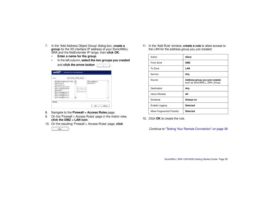 SonicWALL SRA 1200/4200 manual Continue to Testing Your Remote Connection on 