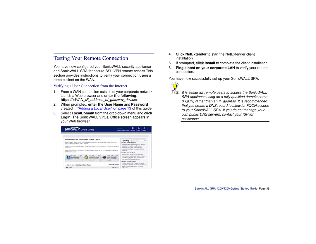 SonicWALL SRA 1200/4200 manual Testing Your Remote Connection, Verifying a User Connection from the Internet 