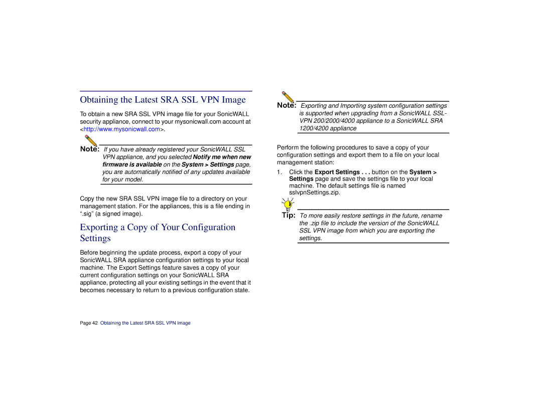 SonicWALL SRA 1200/4200 manual Obtaining the Latest SRA SSL VPN Image, Exporting a Copy of Your Configuration Settings 