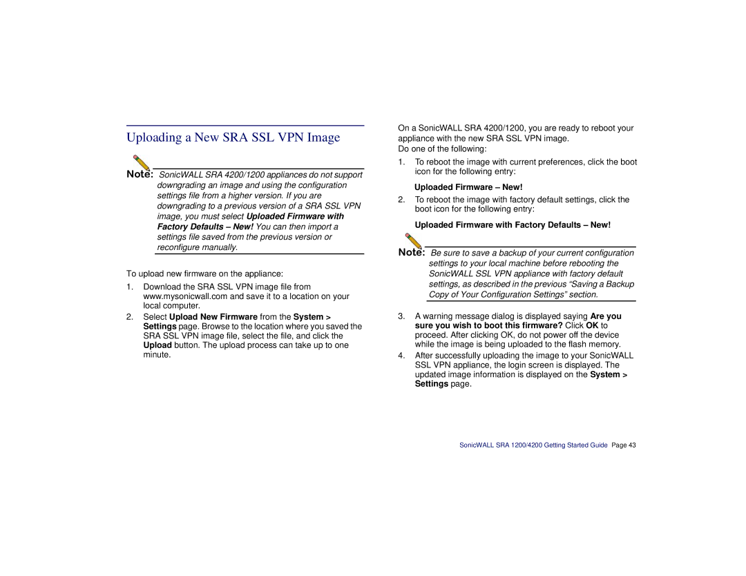 SonicWALL SRA 1200/4200 manual Uploading a New SRA SSL VPN Image, Uploaded Firmware New 