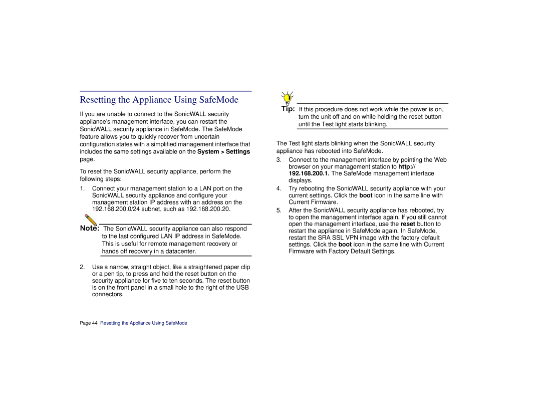 SonicWALL SRA 1200/4200 manual Resetting the Appliance Using SafeMode 