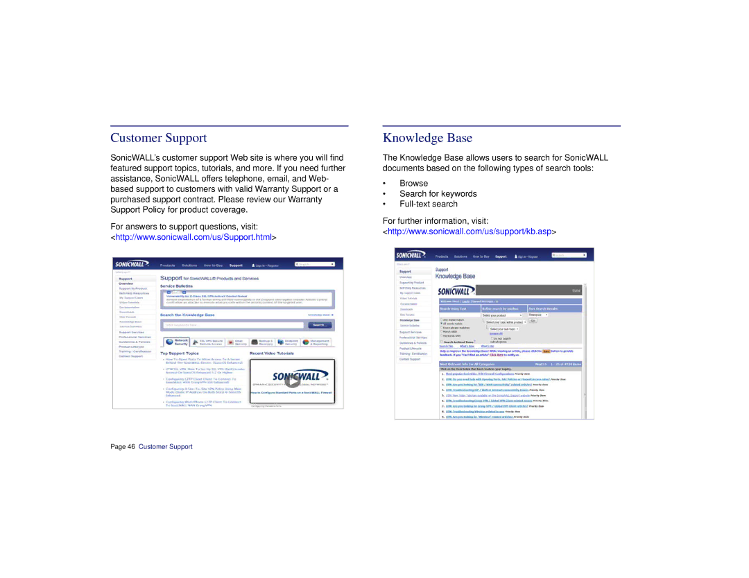 SonicWALL SRA 1200/4200 manual Customer Support, Knowledge Base 