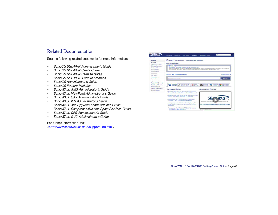 SonicWALL SRA 1200/4200 manual Related Documentation 