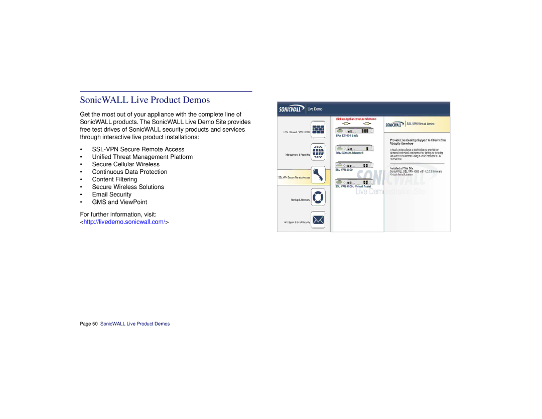 SonicWALL SRA 1200/4200 manual SonicWALL Live Product Demos 