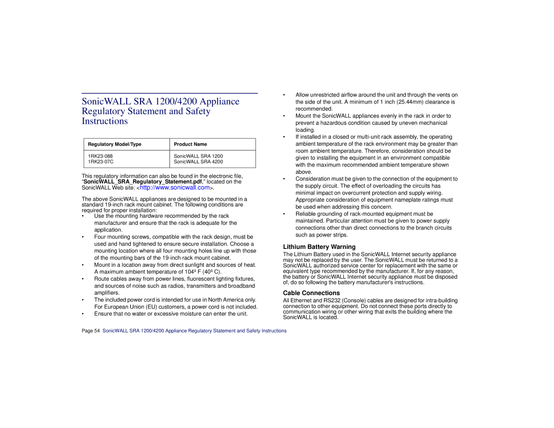 SonicWALL SRA 1200/4200 manual Lithium Battery Warning, Cable Connections 