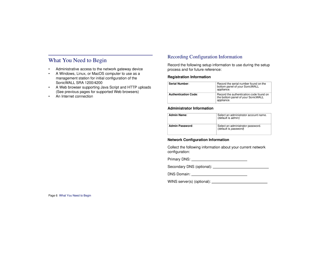 SonicWALL SRA 1200/4200 manual What You Need to Begin, Recording Configuration Information, Registration Information 