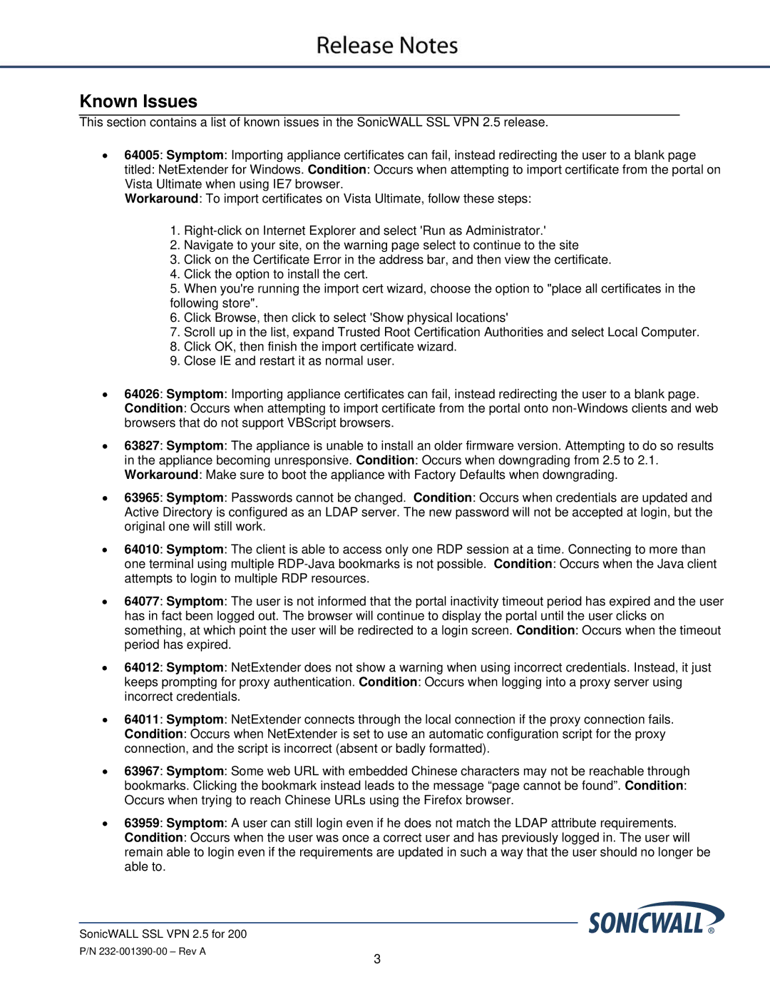 SonicWALL SSL VPN 2.5 manual Known Issues 