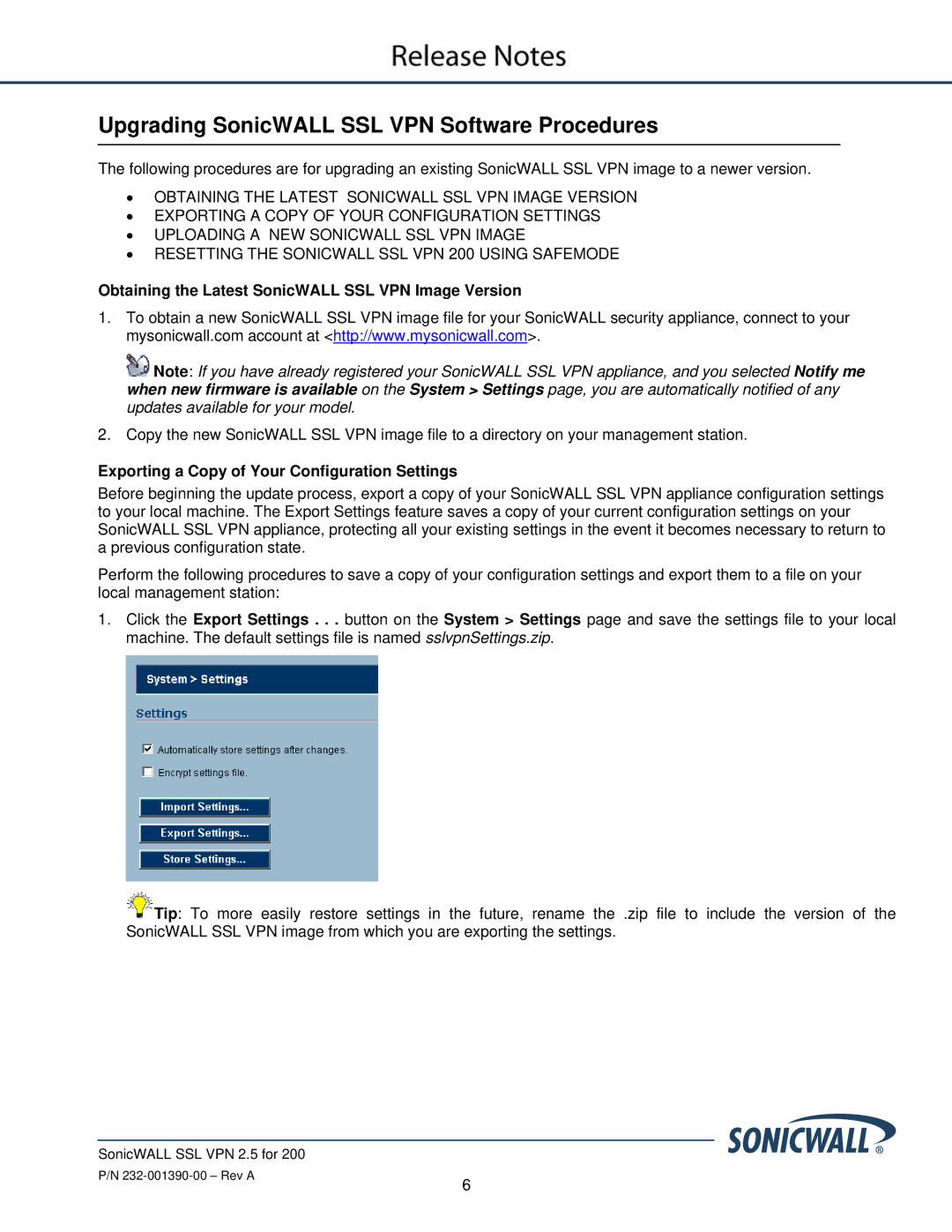 SonicWALL SSL VPN 2.5 Upgrading SonicWALL SSL VPN Software Procedures, Exporting a Copy of Your Configuration Settings 