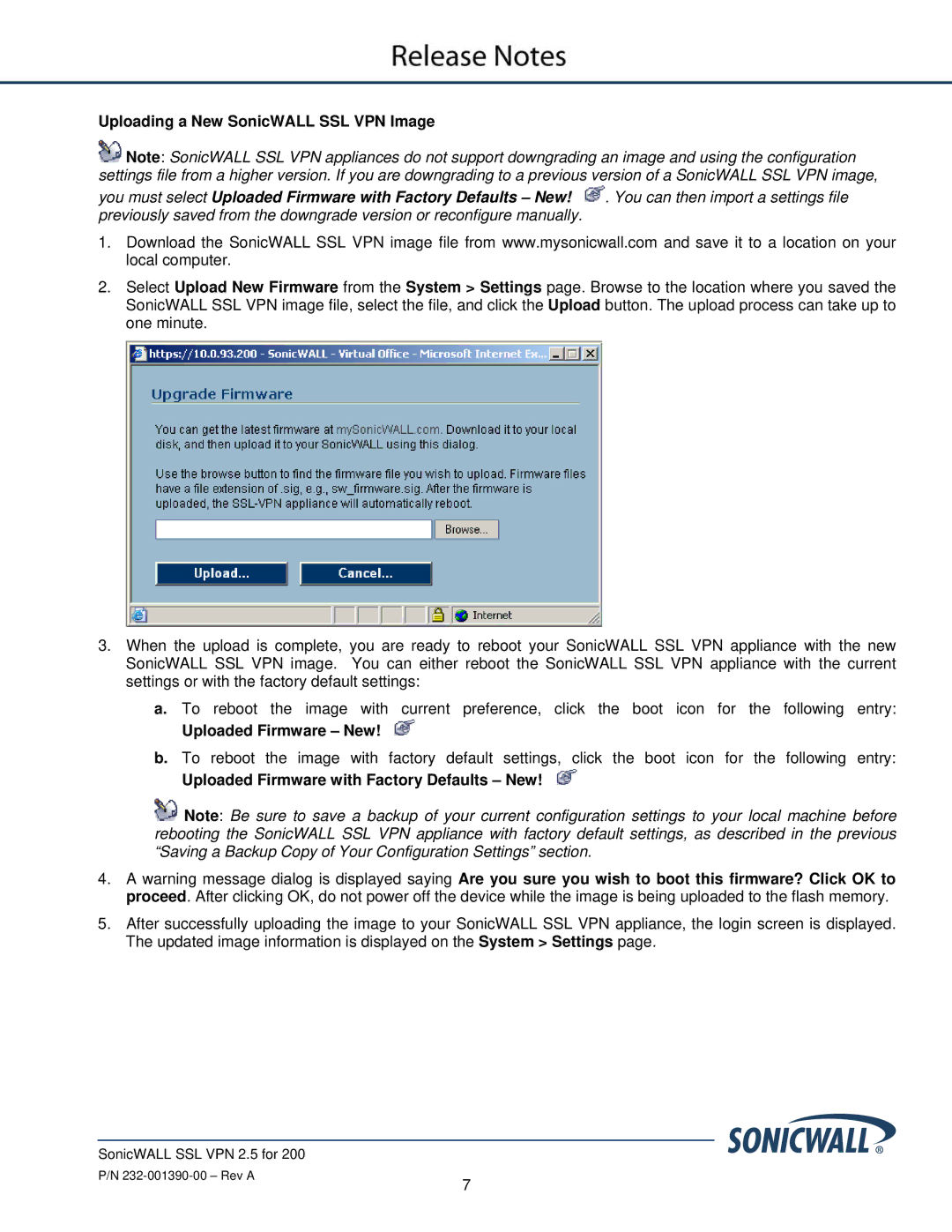 SonicWALL SSL VPN 2.5 manual Uploading a New SonicWALL SSL VPN Image, Uploaded Firmware New 