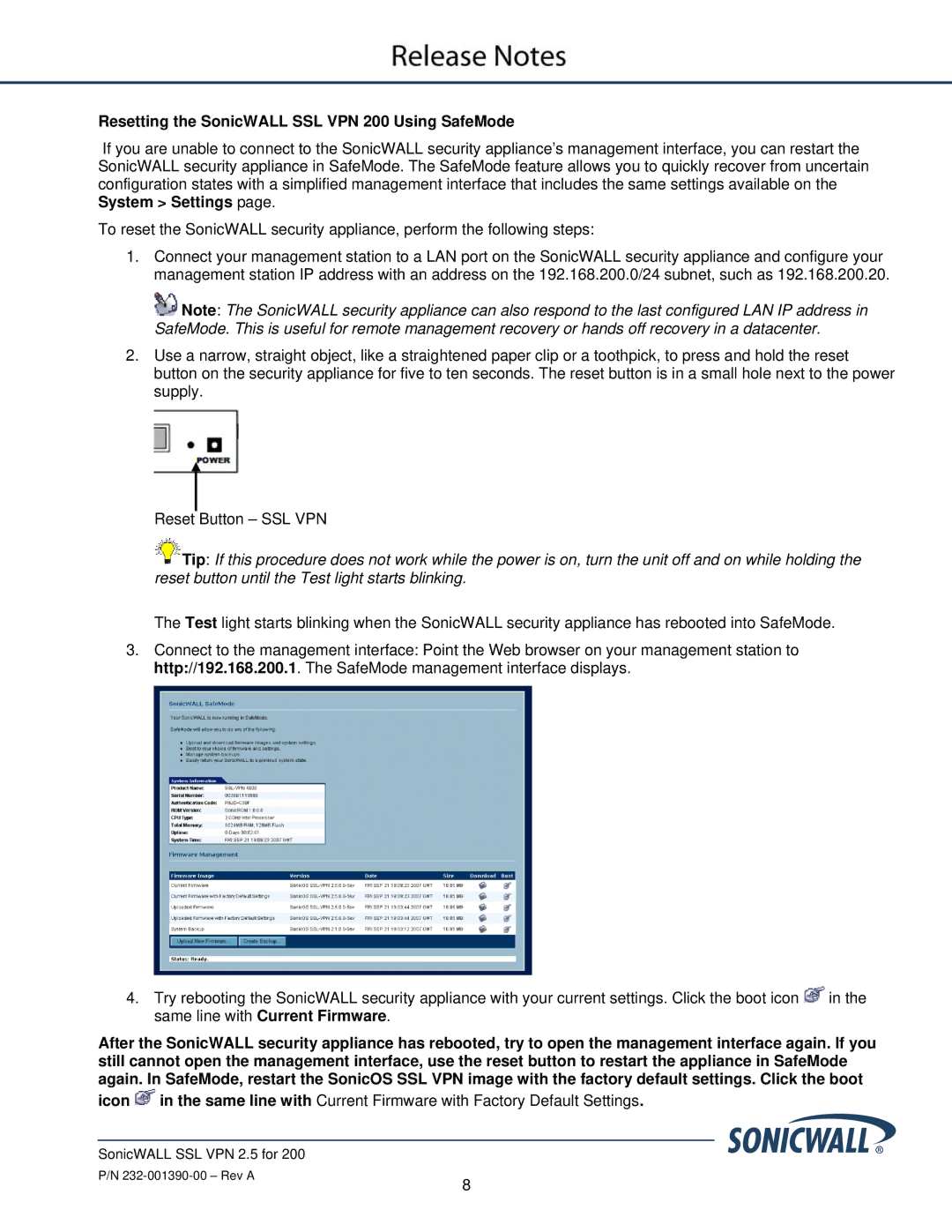 SonicWALL SSL VPN 2.5 manual Resetting the SonicWALL SSL VPN 200 Using SafeMode 